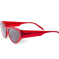 Red sunglasses side view with dark lens and curved temples, green end accents