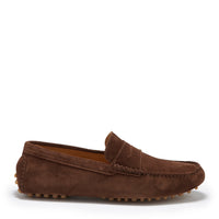 Brown suede penny driving loafer with stitched apron and rubber grip pods on the sole