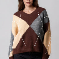 Chocolate Argyle Pattern V Neck Jumper-0