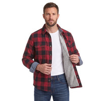Men's red and black plaid shirt with plush gray lining, worn open