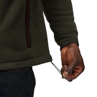 Olive fleece jacket hem with adjustable drawcord and brown-trimmed pocket