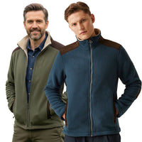 Men's fleece jacket in navy with brown shoulder panels, shown alongside an olive version