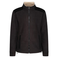 Black fleece jacket with sherpa-lined collar, brown shoulder panels and front zip