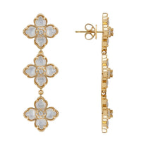 Gold mother-of-pearl clover triple-drop earrings, side view with dangling drops