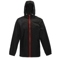 Black hooded waterproof jacket with a red front zipper and elastic cuffs