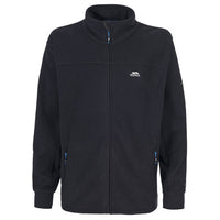 Men's black full-zip fleece jacket with a stand collar and two zip pockets
