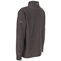 Back view of a men's dark gray fleece jacket with a stand collar and long sleeves