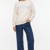 Ivory cotton-blend sweatshirt with light-blue Weekend embroidery, crew neck and cuffs