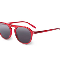Poppy red Zingaro sunglasses, side view, dark round lenses and slim arms