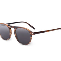 Tortoiseshell brown sunglasses, side view, dark lenses with green temple tips