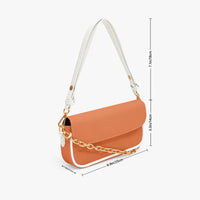 Orange shoulder bag with white straps, gold chain crossbody, and flap closure