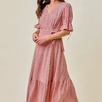 Red striped wrap midi dress with puff sleeves, V-neck, and tied waist