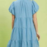 Peri blue puff-sleeve tiered babydoll dress, back view, short tiered skirt