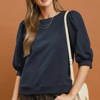 Navy round-neck sweatshirt with puff sleeves, relaxed fit
