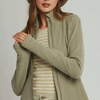 Olive soft fleece full-zip jacket with stand collar and front zip pockets