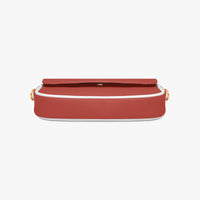 Red leather shoulder bag, top flap design with slim profile