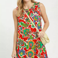 Red sleeveless shift dress with colorful abstract floral print and round neckline
