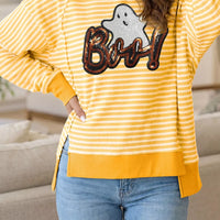 Gold and white striped long-sleeve Halloween top with sequin ghost “Boo!” front