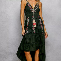 Black V-neck cami midi dress with tassel tie embroidery and tiered hem