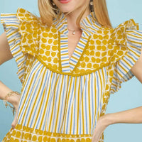 Women's marigold mix tiered dress close-up: ruffled flutter sleeves and striped panel