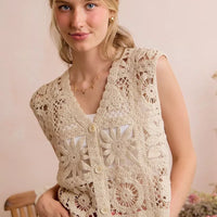Natural crochet sleeveless vest top with V-neck, button front, and floral square pattern