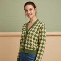 Lime Green Cardigan Sweater | Unisex Aesthetic Checkered Jacquard Knit