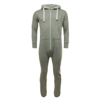 Light grey unisex onesie with lined hood, front zip, drawstrings and pockets