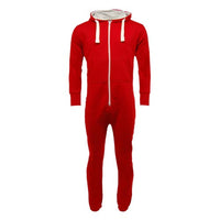 Red unisex onesie with lined hood, front zip, drawstrings and pockets