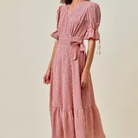 Red striped wrap midi dress with V-neck, puff sleeves, and tiered skirt