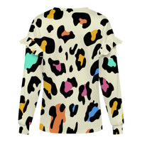 Animal Print Tops Women's Ruffled Shoulder Sweatshirt