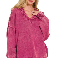 Washed deep V-neck oversized sweater in cabernet, long sleeves and ribbed cuffs