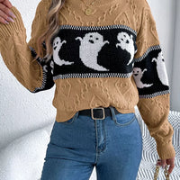 Camel sweater with black-and-white ghost knit panel, ribbed crew neckline