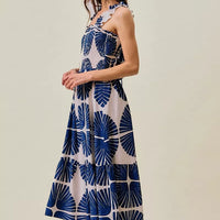 Navy abstract print tiered midi dress, smocked bodice, sleeveless with ruffle shoulders