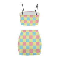 Retro Green Orange Yellow Checkerboard Co Ord Set - Women's Crop Tank Top & Checkered Mini Skirt