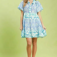 Blue floral tiered mini dress with flutter sleeves, front full view