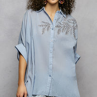 Sky blue button-down embroidered shirt with loose short sleeves, high-low hem