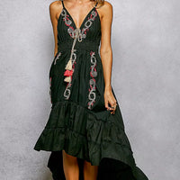 Black embroidered cami midi dress with tassel tie, smocked waist, tiered skirt