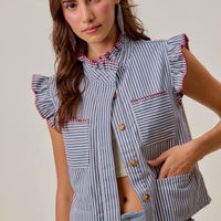 Ruffled sleeveless vest top with blue-and-white stripes, red trim, chest pockets, hidden buttons