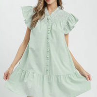 Mint striped smocked yoke ruffle dress with tiered skirt and flutter sleeves