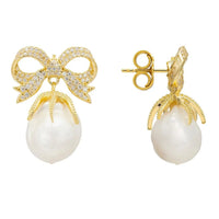 Gold drop earrings shown front and back, ribbon bow with white pearl