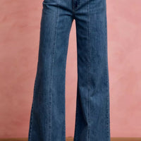 Mid-rise stretch denim jeans, front view with button closure and center seam