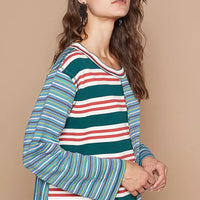 Striped long-sleeve round neck t-shirt, blue and green color-block panels