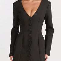 Black blazer dress with deep V-neck, long sleeves, and centered button front
