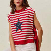 Red and ivory striped sleeveless vest top with navy star patch and ribbed bottom