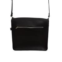 Black leather messenger bag with front zipper pocket and shoulder strap