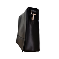 Black leather messenger bag with front buckle strap and flap