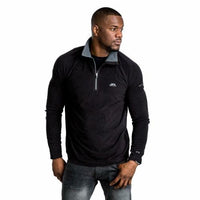 Man wearing a black microfleece quarter-zip top with contrast collar