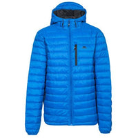 Men's blue hooded down jacket with horizontal quilting, full zip and chest pocket