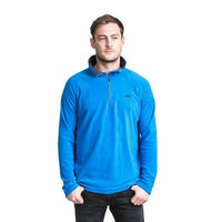 Man wearing a bright blue microfleece quarter-zip top