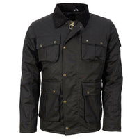 Front view of a dark Game Utilitas II wax jacket with corduroy collar and snap-fastened pockets